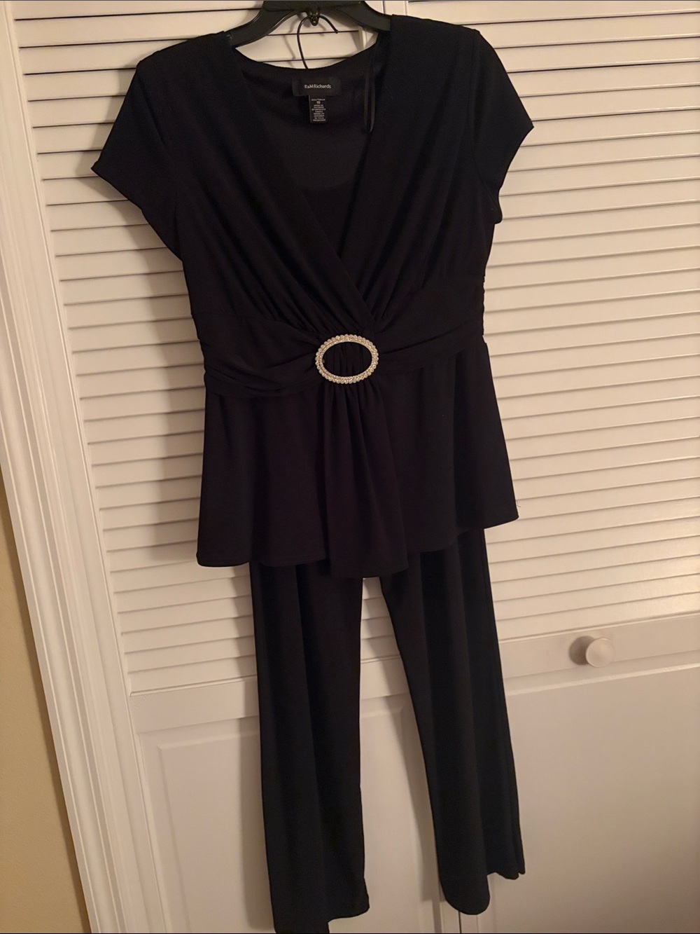 R&M Richards Black Wide-Leg pants & top with Rhinestone Oval Buckle